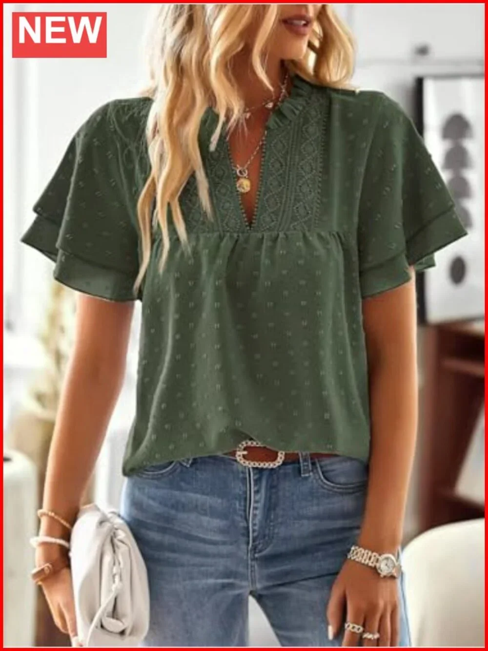 Womens V Neck Crochet Lace Blouse Short Sleeve Boho Top